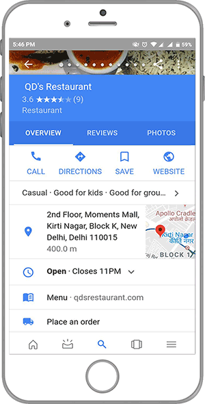 Google My Business Listing of a Restaurant on Mobile