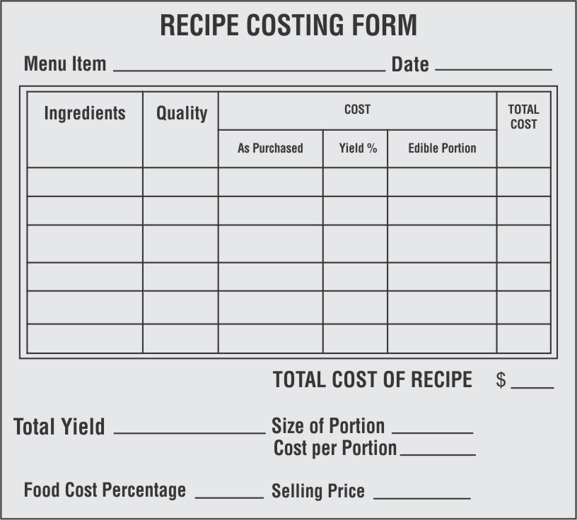 In order to have a detailed account of all each item, its quantity and its cost that go into preparing a dish, you can use recipe costng form, which is a type of restaurant inventory spreadsheet.