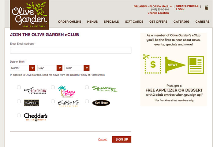 Olive Garden offers reward membership for restaurant marketing