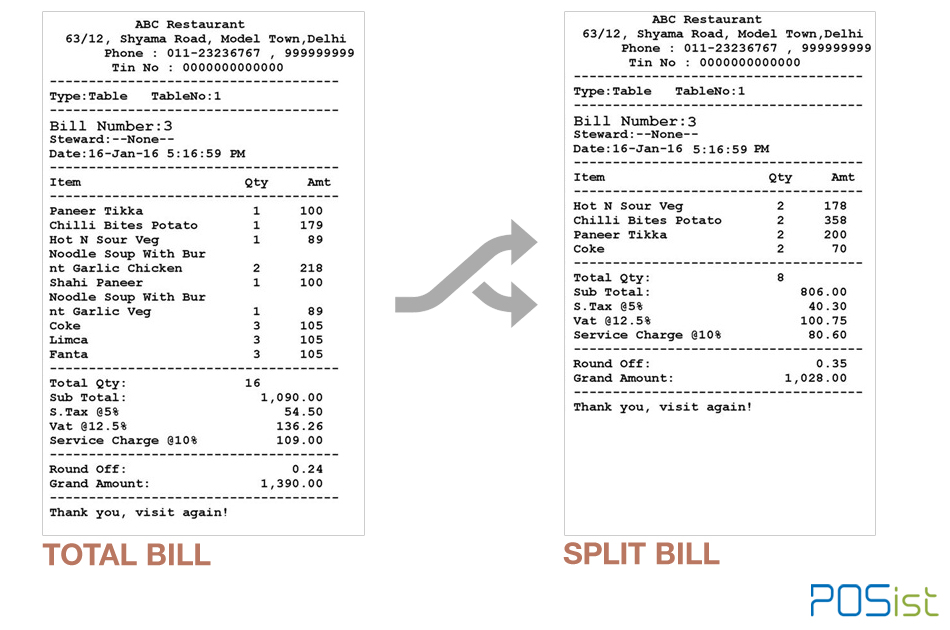 Individual bills generated by POS software for all guests splitting bill in a restaurant
