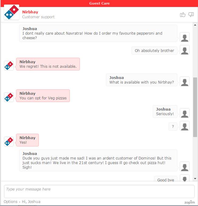 Dissatisfied customer against Domino's navratri special veg menu. 