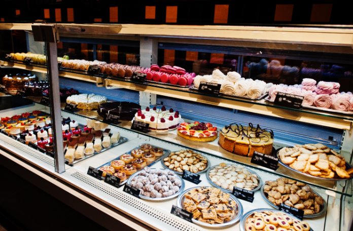 Freshly prepared items on display in a bakery