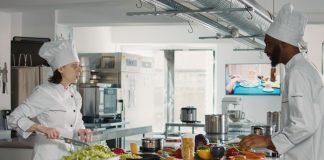 Two chefs cooking in a cloud kitchen.