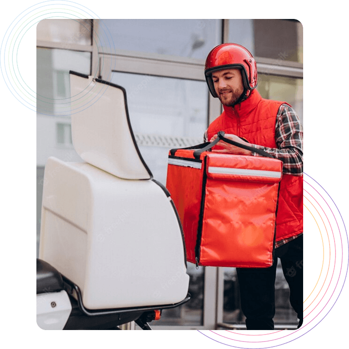 Food delivery executive keeping the bag on his motorcycle