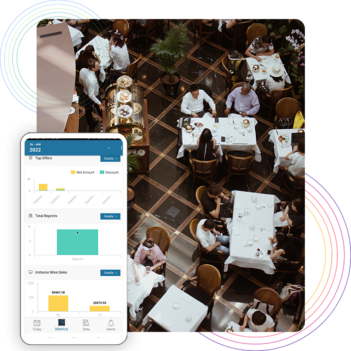 Top view of people sitting in a restaurant and a mobile screen displaying analytics