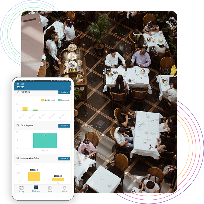 Top view of people sitting in a restaurant and a mobile screen displaying analytics