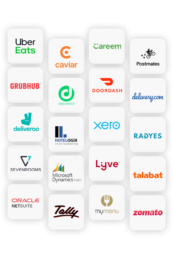 integration-mobile A vector graphic showing various integrations for a QSR software