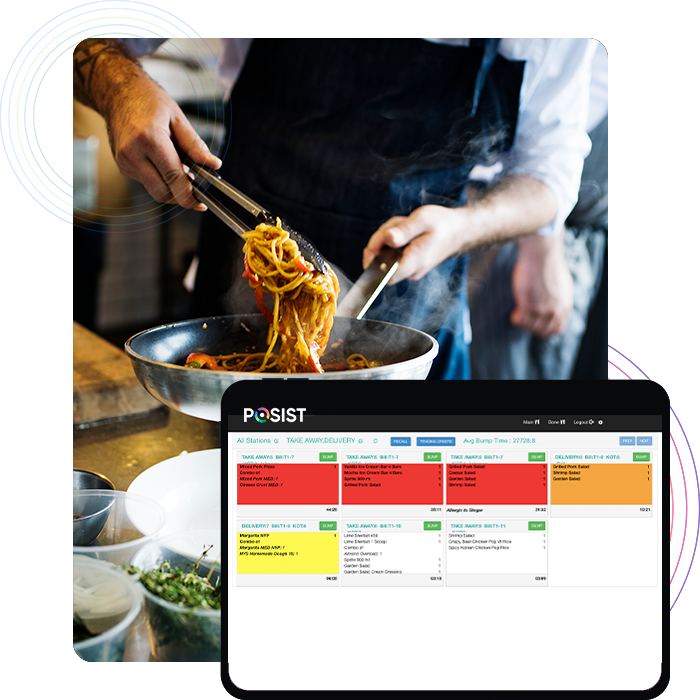 kds El chef prepara los pedidos que se muestran en el sistema de visualización de la cocina