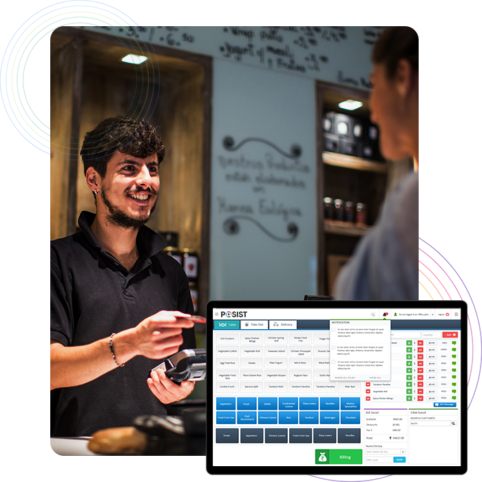 RESTAURANT-POS-Streamline-restaurant-billing-for-multi-locations.. Cashier accepting the payment after taking order with POS system